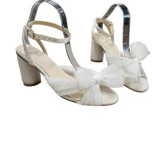 White Strappy High Block Round Heel Sandals Gauzy‎ Bow Chunky Heel Cottage Girly